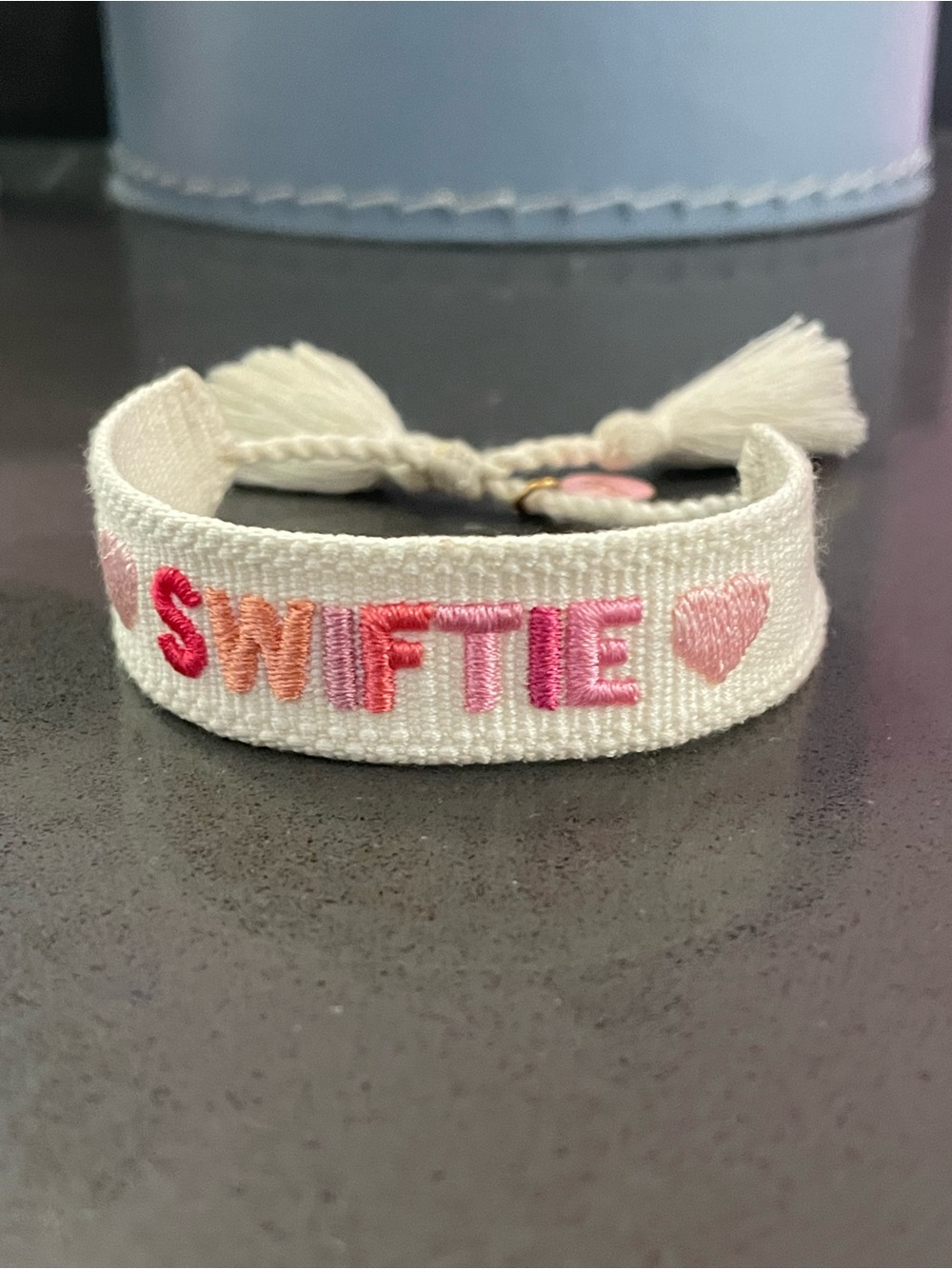Swiftie Embroidered Cream Friendship Bracelet with Pink Accents T swift. ✨💕